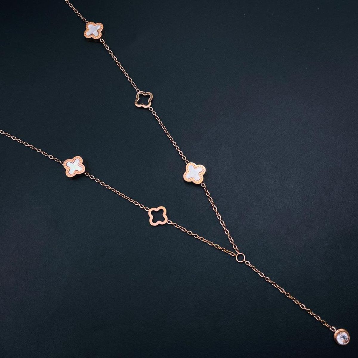Black White Clover Flower Rose Gold Stainless Steel Y Necklace Bulk