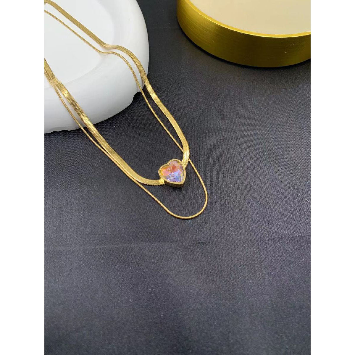 Multi Shade Heart Crystal Dual Layer 18K Gold Stainless Steel Snake Chain for Women Main image