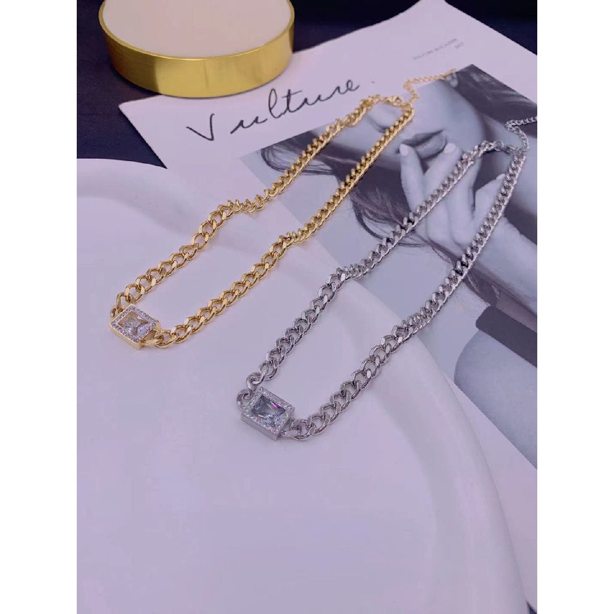 Emerald Cut CZ 18K Gold Curb Stainless Steel Necklace Chain Bulk