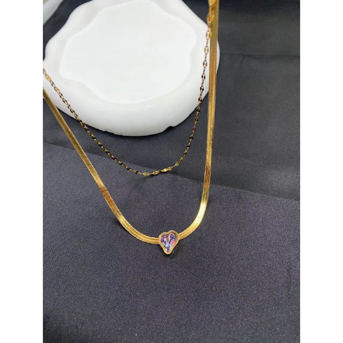 Fancy Heart Love Crystal 18K Gold Dual Layer Snake Chain Women Bulk Main image