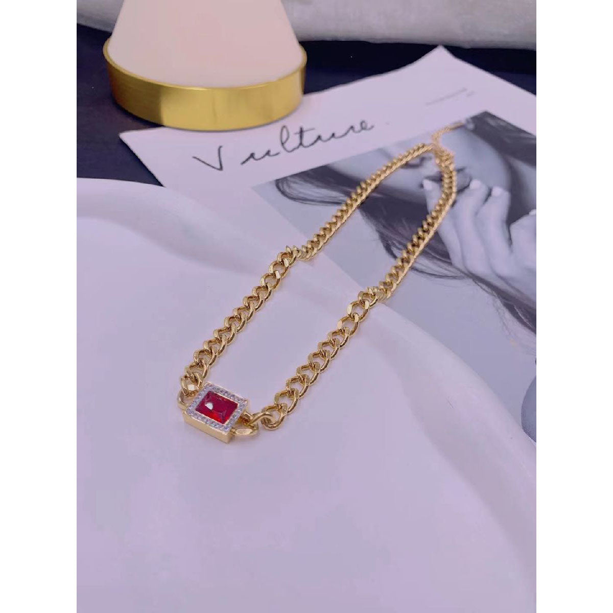 Ruby Red CZ 18K Gold Curb Stainless Steel Necklace Chain Bulk