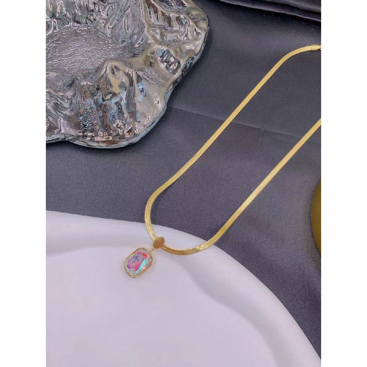 Effervescent White Crystal 18K Gold Stainless Steel Snake Necklace Chain for Women Main image