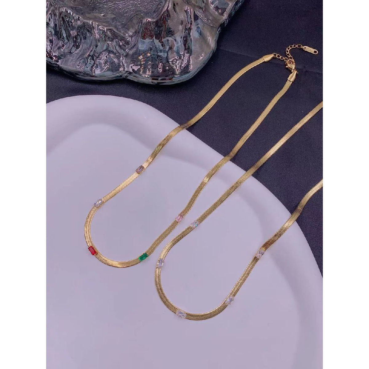 Rainbow Multi Color Baguette CZ Snake 18K Gold Necklace Chain Bulk