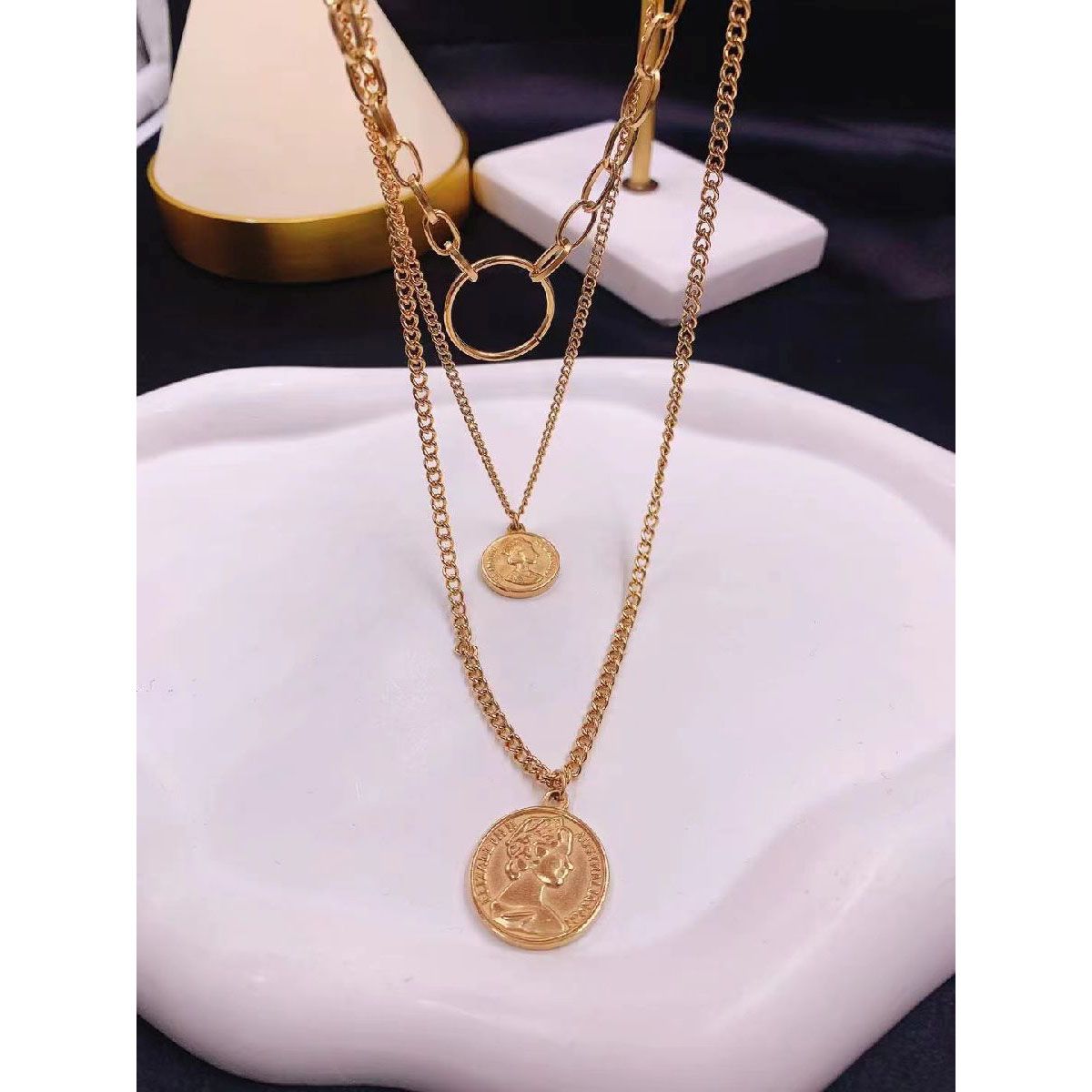 Coin Ginni Medallion Three Layered 18K Gold Stainless Steel Necklace Chain for Women Main image