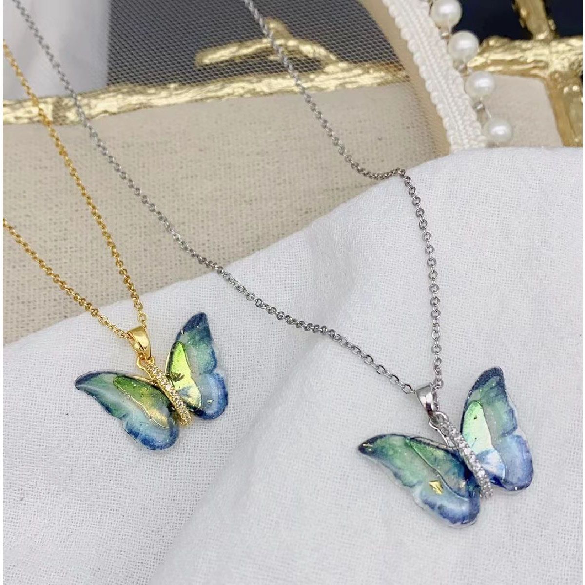 Butterfly Aqua Blue Green Crystal Silver Stainless Steel Pendant Chain for Women Main image