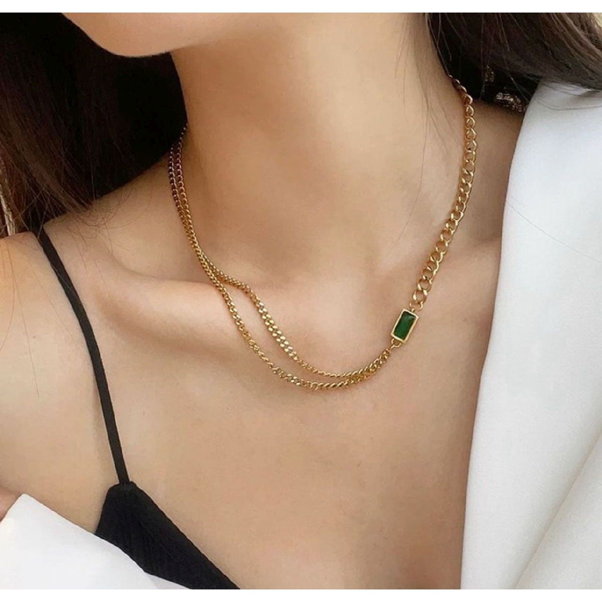 Emerald Green Curb Layered Links 18K Gold Chain Bracelet Women Bulk