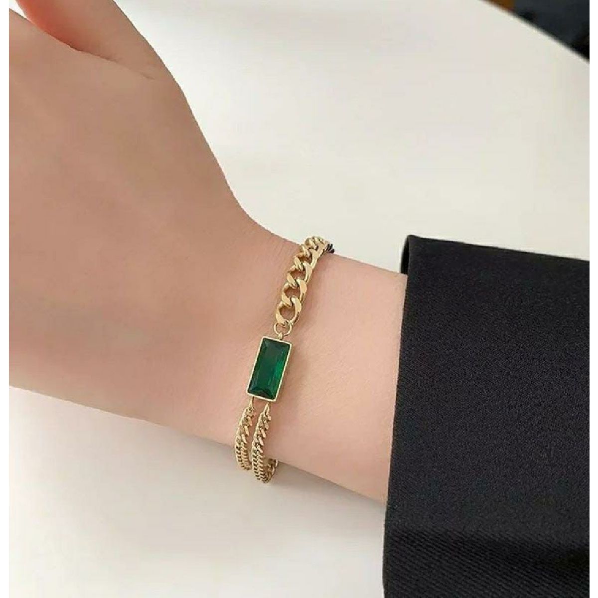 Emerald Green Curb Layered Links 18K Gold Chain Bracelet Women Bulk
