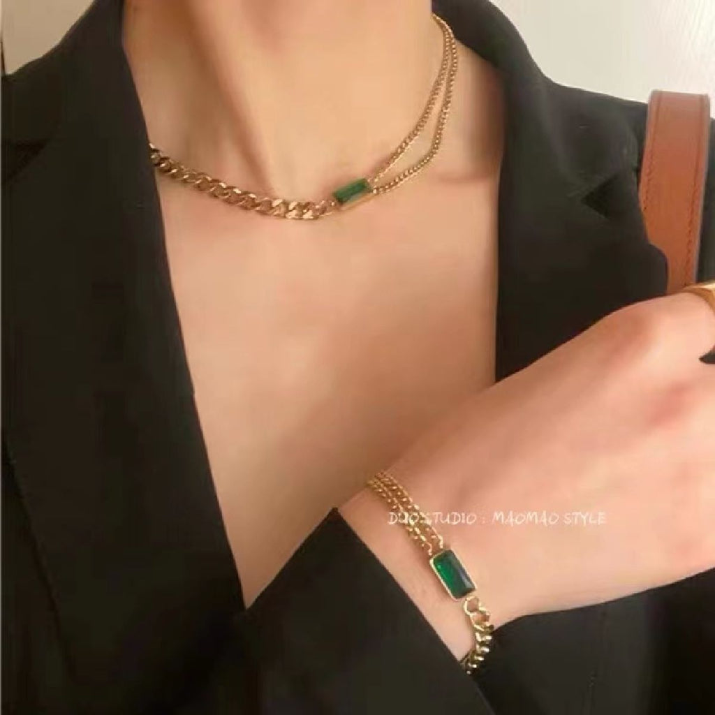 Emerald Green Curb Layered Links 18K Gold Chain Bracelet Women Bulk