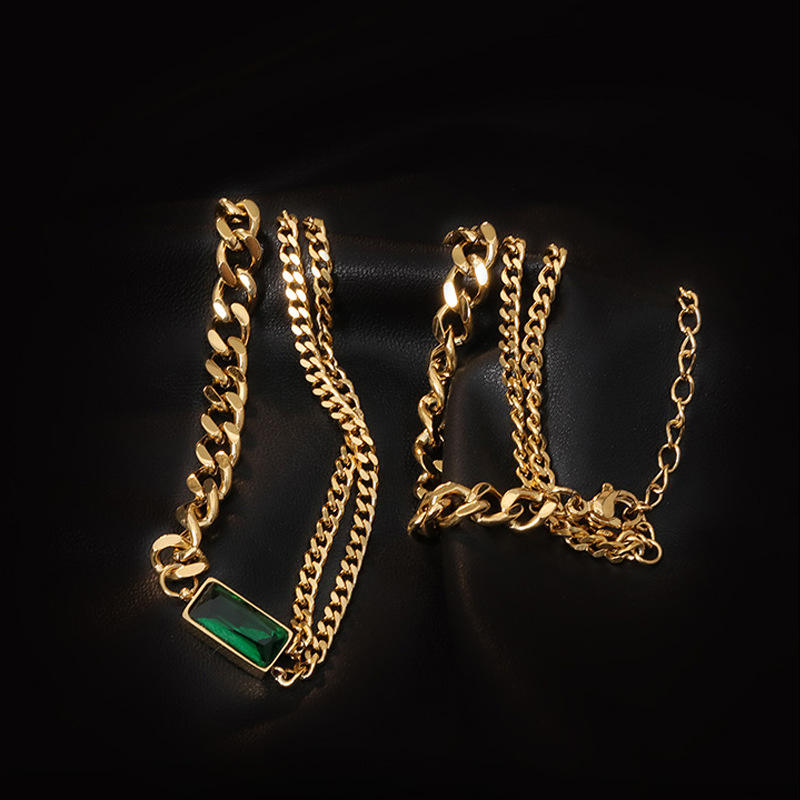 Emerald Green Curb Layered Links 18K Gold Chain Bracelet Women Bulk