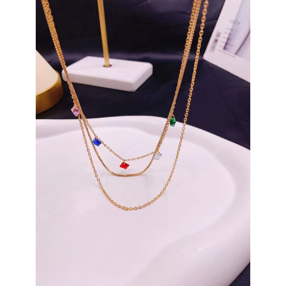 Multi Colour Princess Cut 18K Gold Stainless Steel Triple Layer Necklace Chain for Women Main image