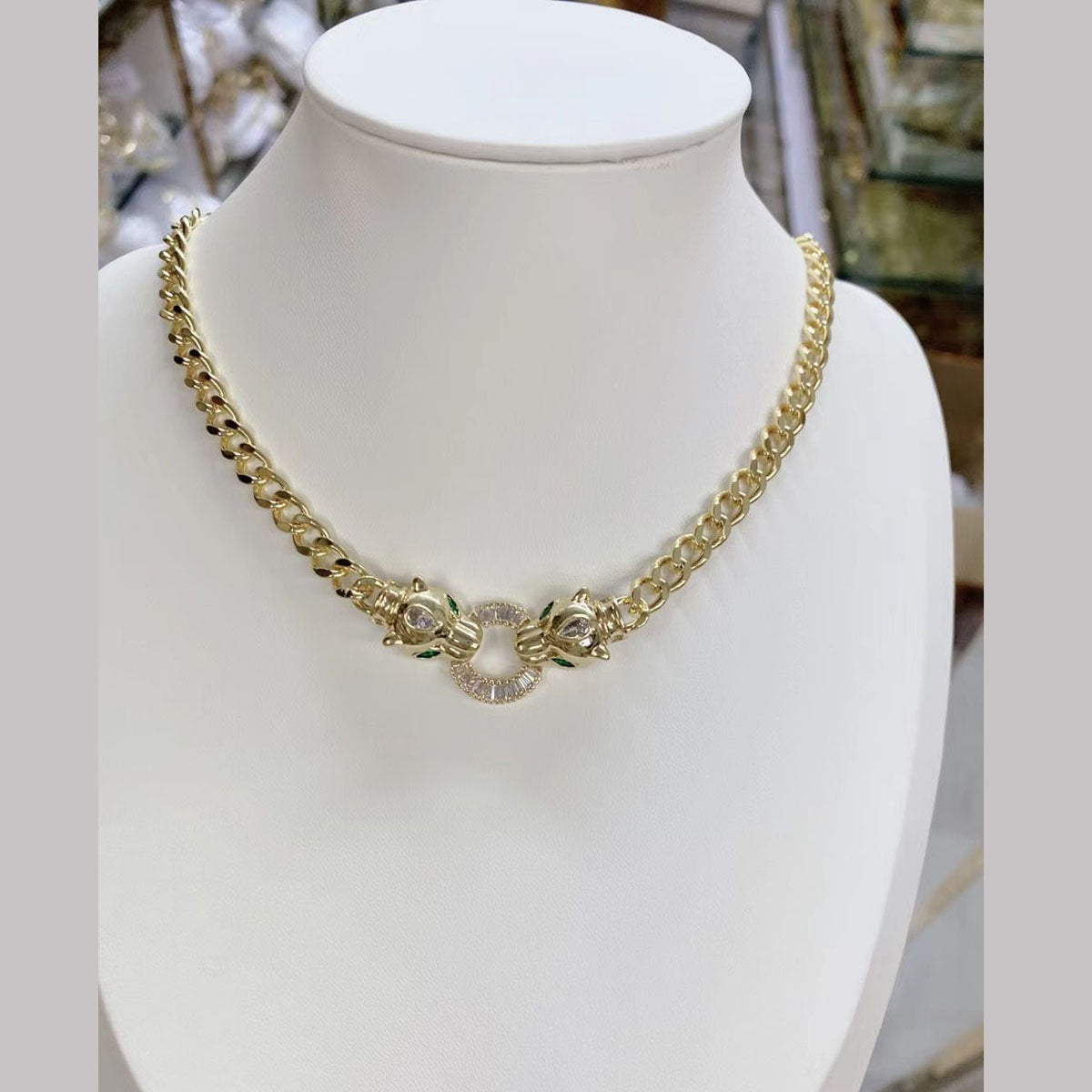 Panther Face Ring Gold Cubic Zirconia Curb Chain Necklace Women Bulk Main image
