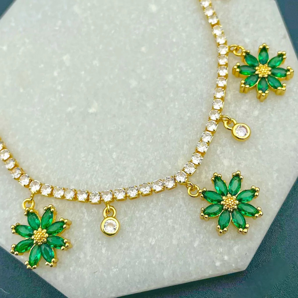Green Flower Tennis Solitaire CZ 18K Gold Charms Necklace Bulk