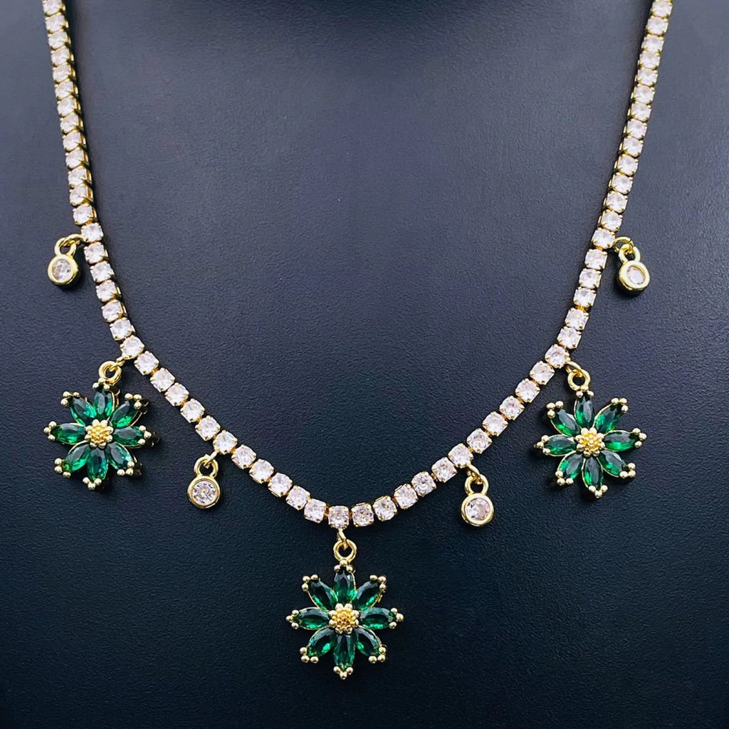 Green Flower Tennis Solitaire CZ 18K Gold Charms Necklace Bulk