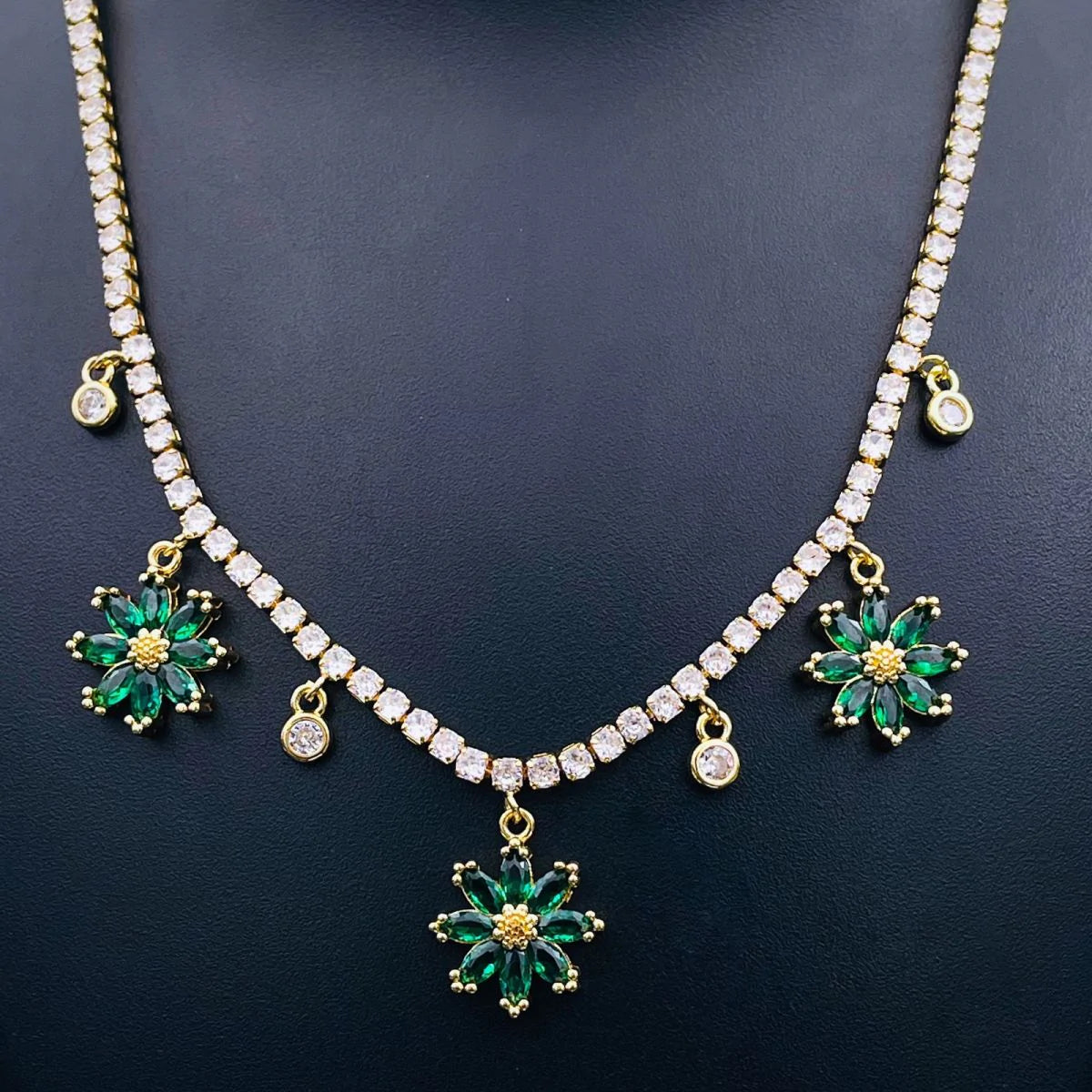 Green Flower Tennis Solitaire CZ 18K Gold Charms Necklace Bulk