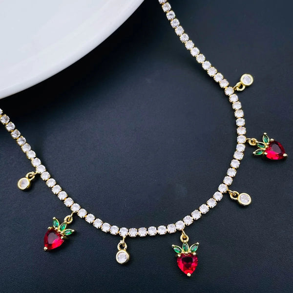 Red Strawberry Tennis Solitaire CZ 18K Gold Charms Necklace Bulk Main image