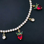 Red Strawberry Tennis Solitaire CZ 18K Gold Charms Necklace Bulk