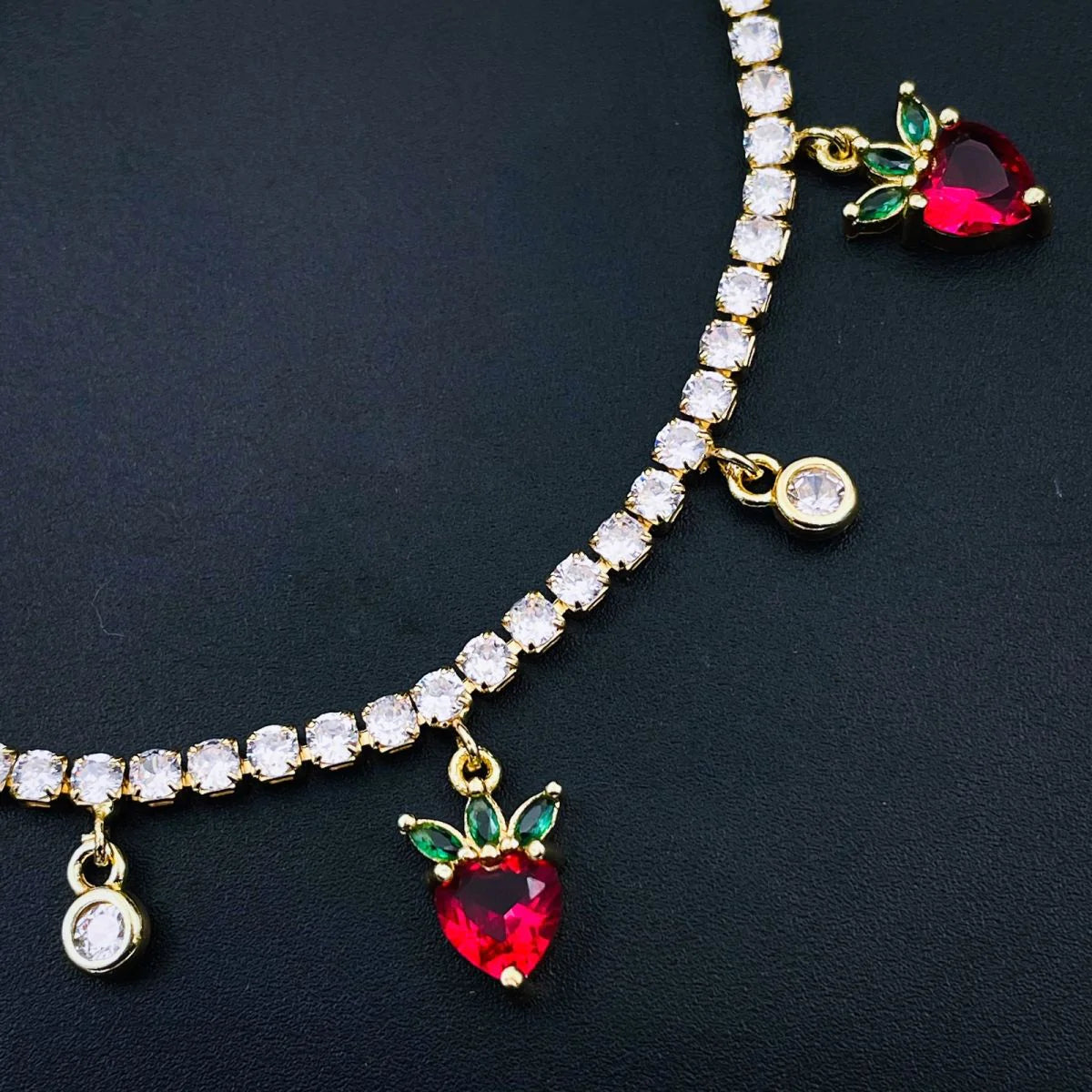 Red Strawberry Tennis Solitaire CZ 18K Gold Charms Necklace Bulk