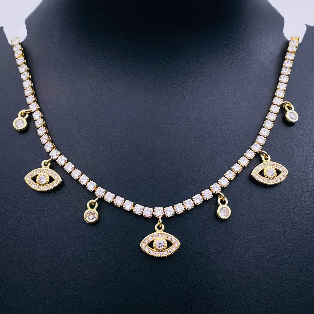 Evil Eye Tennis Solitaire Cubic Zirconia 18K Gold Charms Necklace Bulk