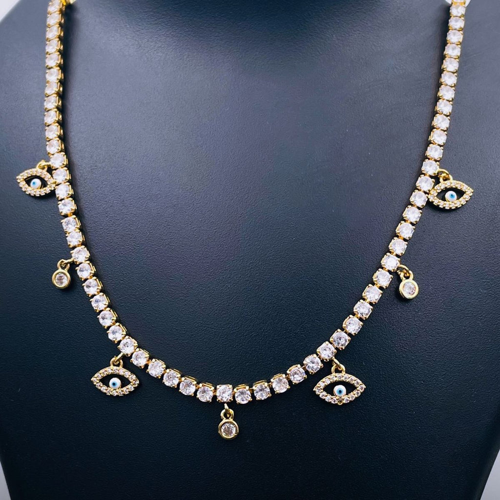 Oval Evil Eye Tennis Solitaire CZ 18K Gold Dainty Charms Necklace Bulk