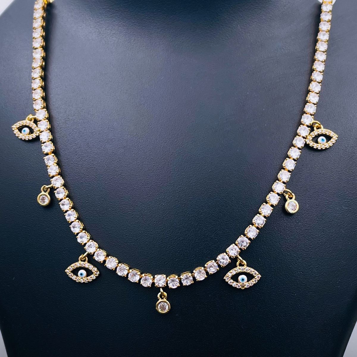 Oval Evil Eye Tennis Solitaire CZ 18K Gold Dainty Charms Necklace Bulk