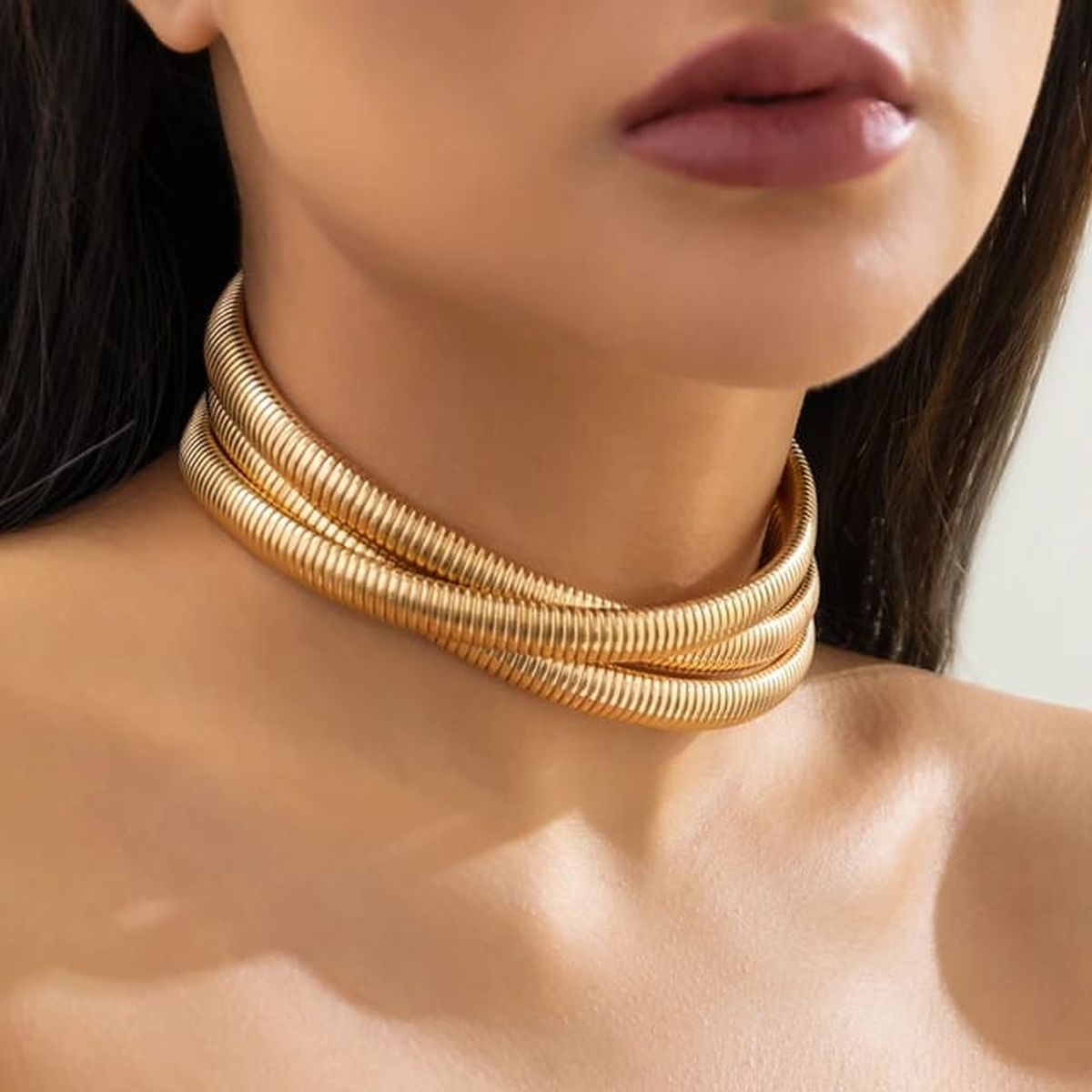 Triple Wrap Layer Snake Smooth 18K Gold Stainless Steel Choker Necklace for Women