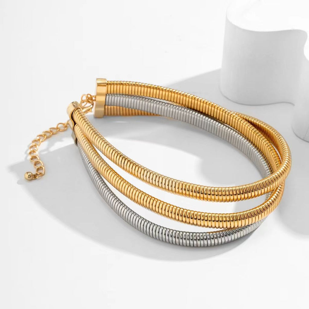 Triple Wrap Layer Snake Smooth 18K Gold Stainless Steel Choker Necklace for Women