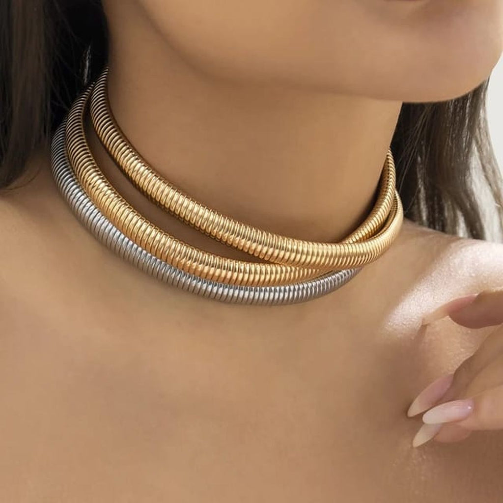 Triple Wrap Layer Snake Smooth 18K Gold Stainless Steel Choker Necklace for Women