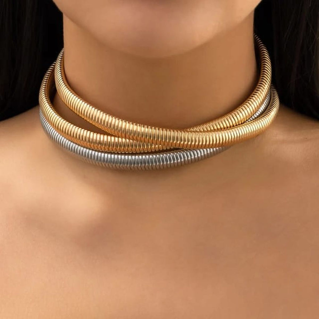 Triple Wrap Layer Snake Smooth 18K Gold Stainless Steel Choker Necklace for Women