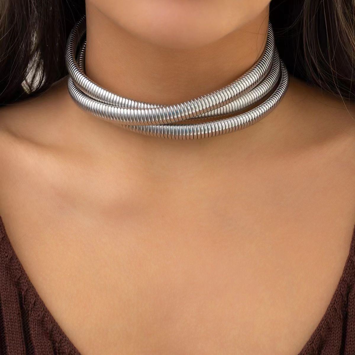 Triple Wrap Layer Snake Smooth 18K Gold Stainless Steel Choker Necklace for Women