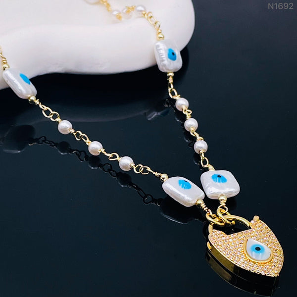 Mother Of Pearl Evil Eye Lock Cubic Zirconia 18K Gold Necklace Bulk Main image