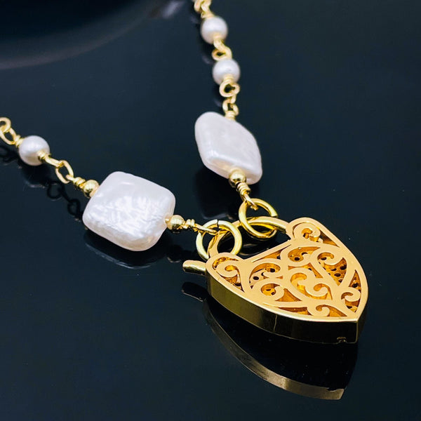 Mother Of Pearl Evil Eye Lock Cubic Zirconia 18K Gold Necklace Bulk Secondary image