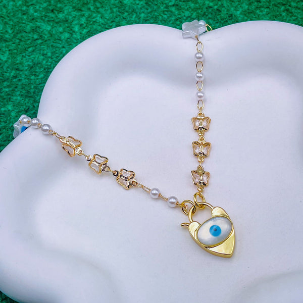 Star Mother Of Pearl Evil Eye Heart Lock CZ 18K Gold Necklace Bulk Secondary image