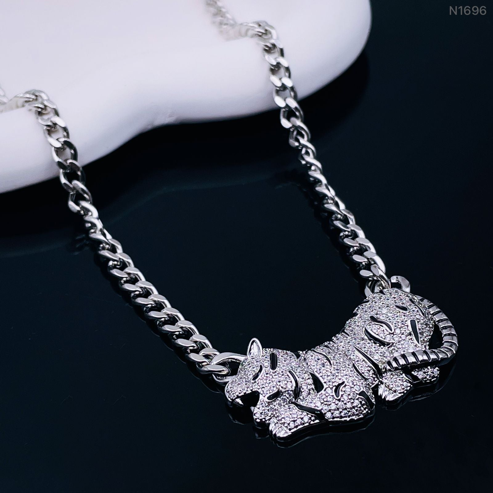 Tiger Panther CZ Black Enamel Silver Curb Chain Necklace Bulk Main image