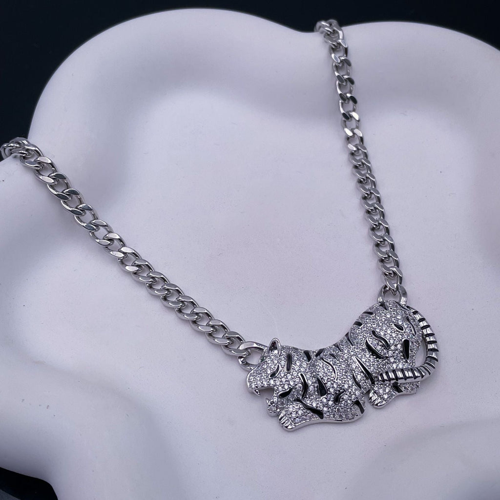 Tiger Panther CZ Black Enamel Silver Curb Chain Necklace Bulk