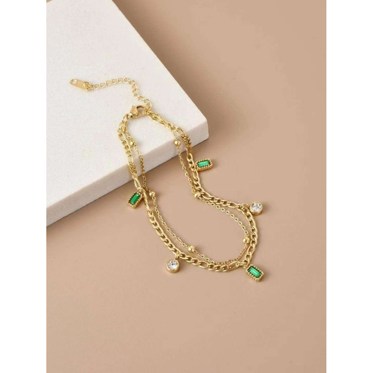 Dual Layer Curb Emerald Zircon 18K Gold Anti Tarnish Stainless Steel Necklace for Women Main image