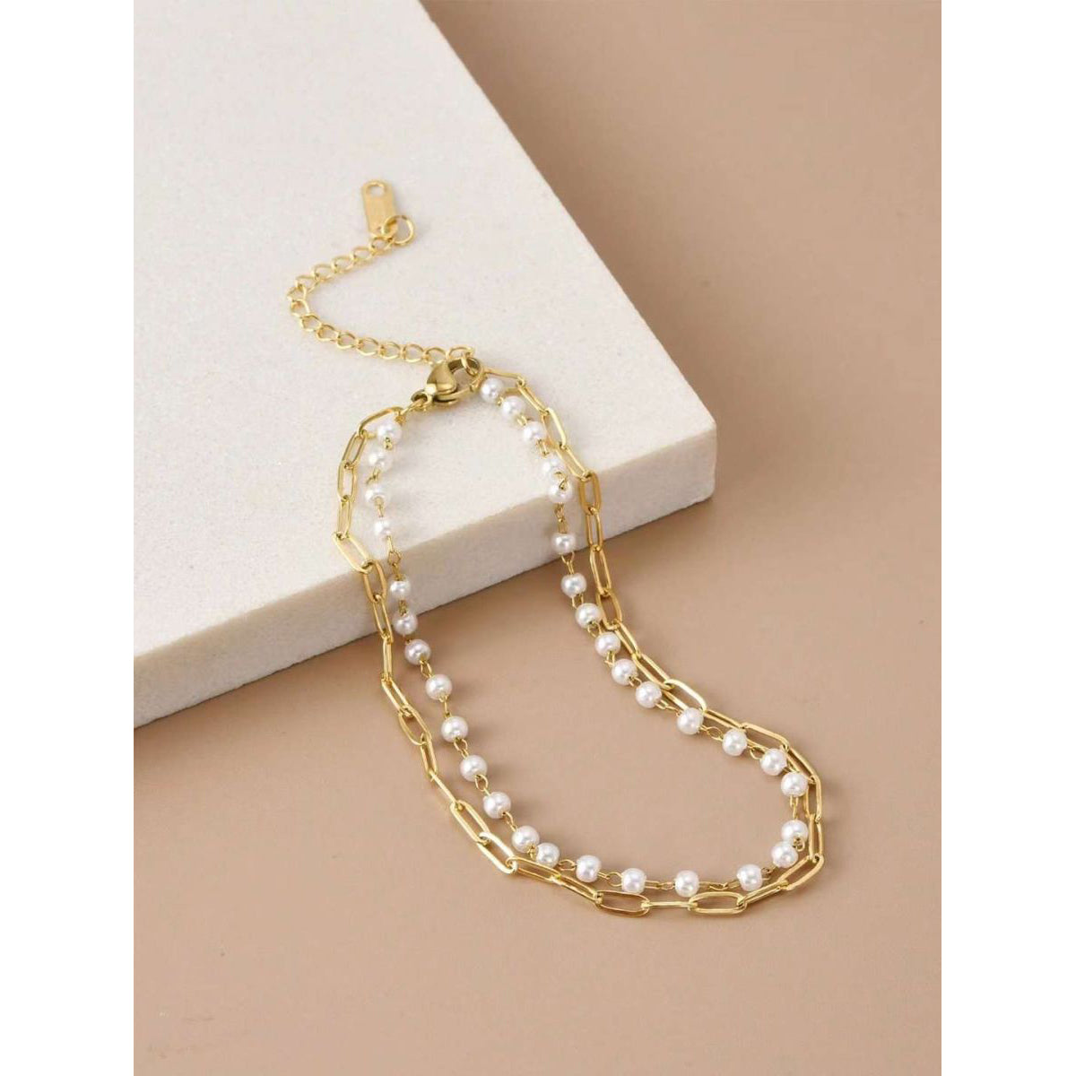 Dual Layer Pearl Paper Clip Chain 18K Gold Stainless Steel Anti Tarnish Necklace for Women Main image