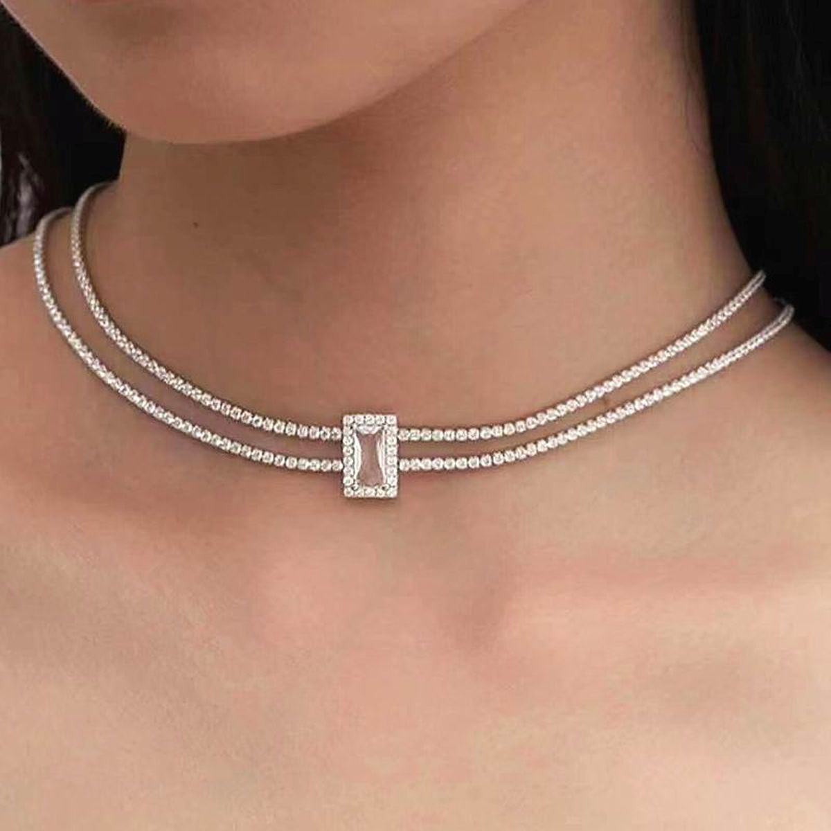 Dual Layer Emerald Cut Cubic Zirconia Solitaire Tennis Necklace Bulk
