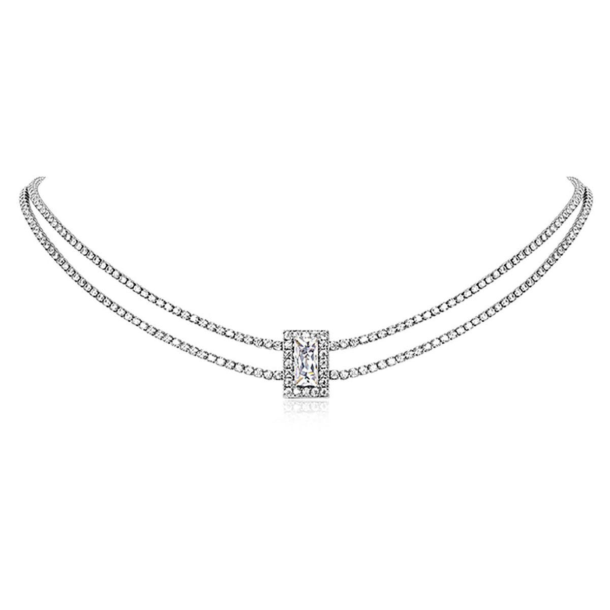 Dual Layer Emerald Cut Cubic Zirconia Solitaire Tennis Necklace Bulk