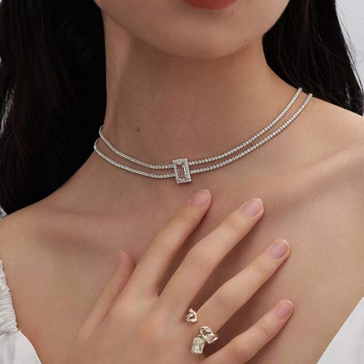 Dual Layer Emerald Cut Cubic Zirconia Solitaire Tennis Necklace Bulk
