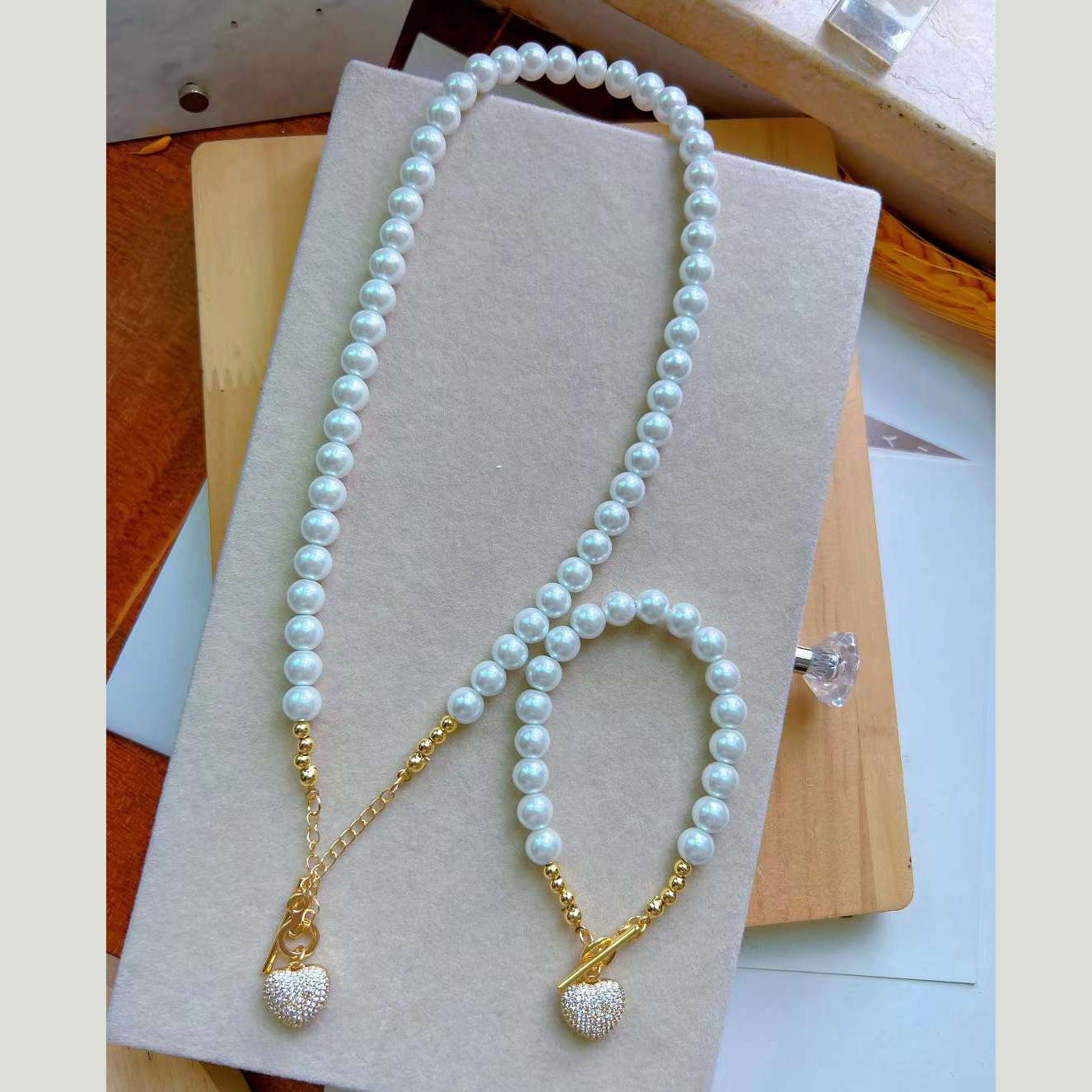Natural Pearl Heart Love Lock Cubic Zirconia 18K Gold Necklace Bulk Main image