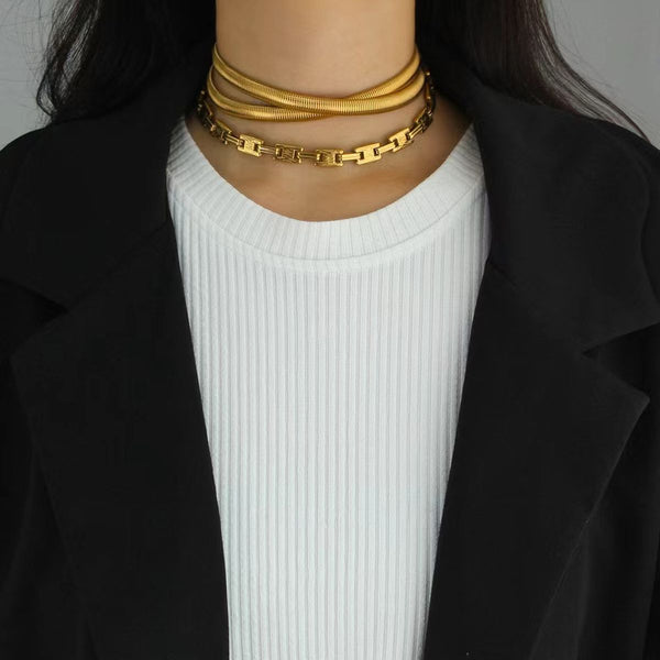 Triple Layer Geometric Snake Chain 18K Gold Anti Tarnish Necklace Bulk Main image