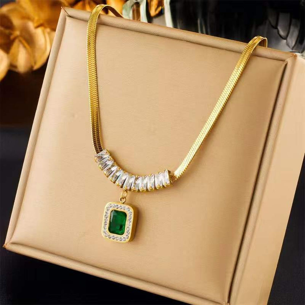 Green Emerald CZ Snake Gold Anti Tarnish Stainless Steel Necklace Bulk