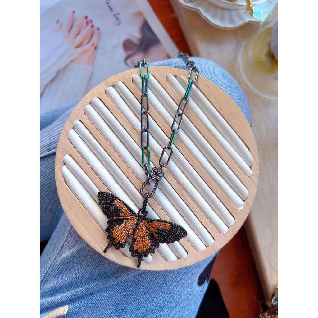 Butterfly Statement Orange CZ Black Chunky Pendant Necklace Chain Bulk