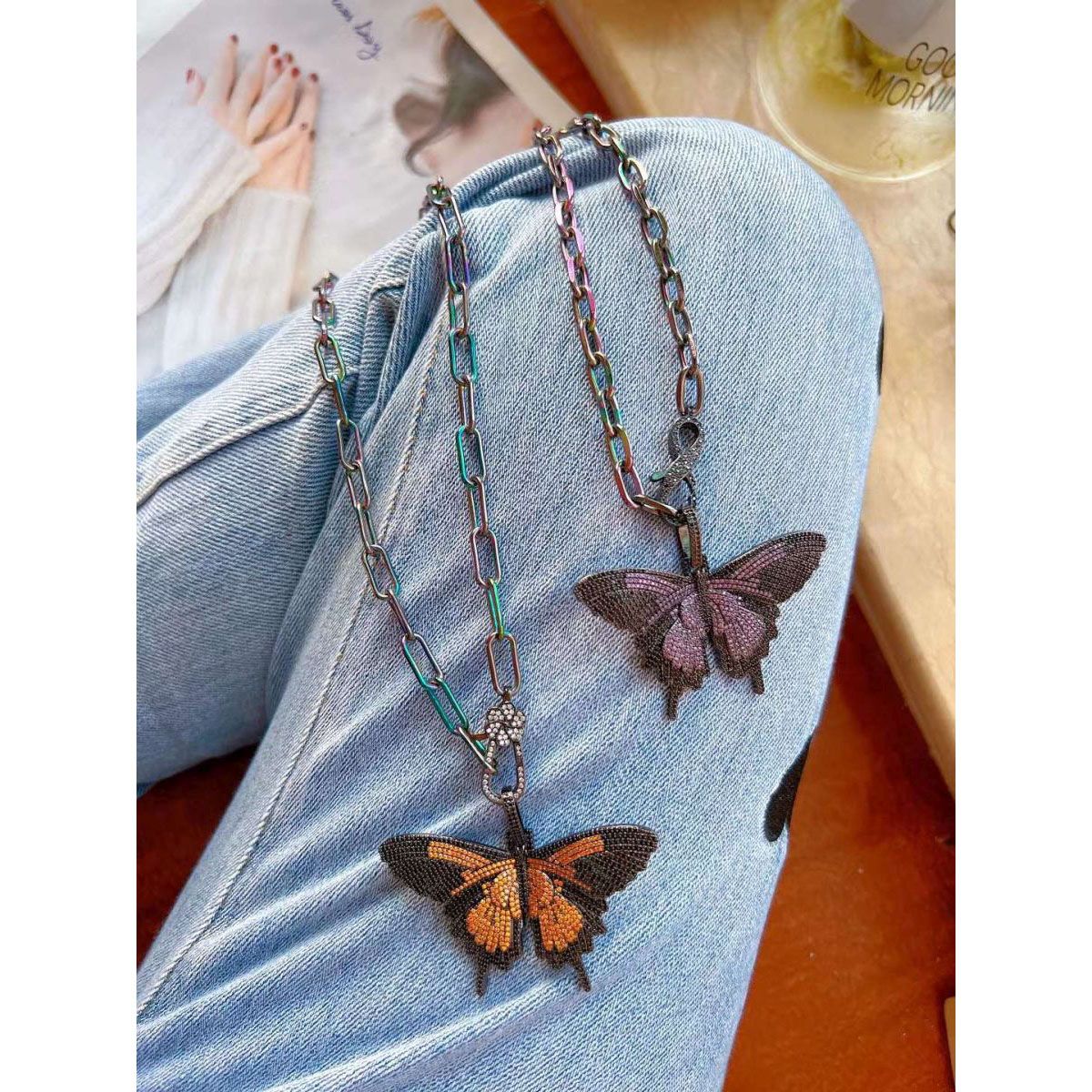 Butterfly Statement Orange CZ Black Chunky Pendant Necklace Chain Bulk