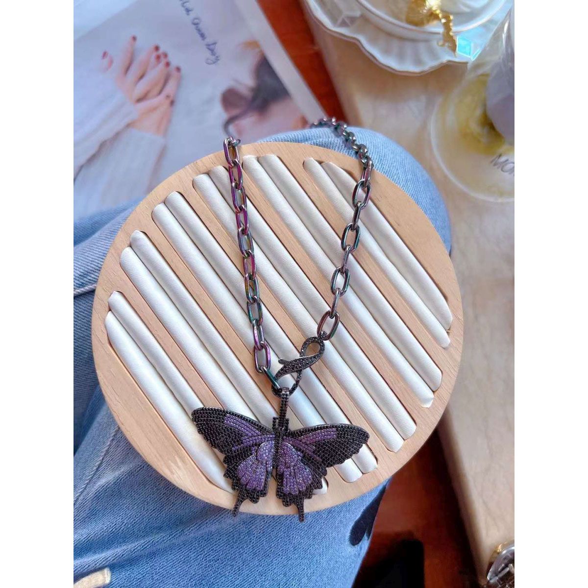 Butterfly Statement Orange CZ Black Chunky Pendant Necklace Chain Bulk