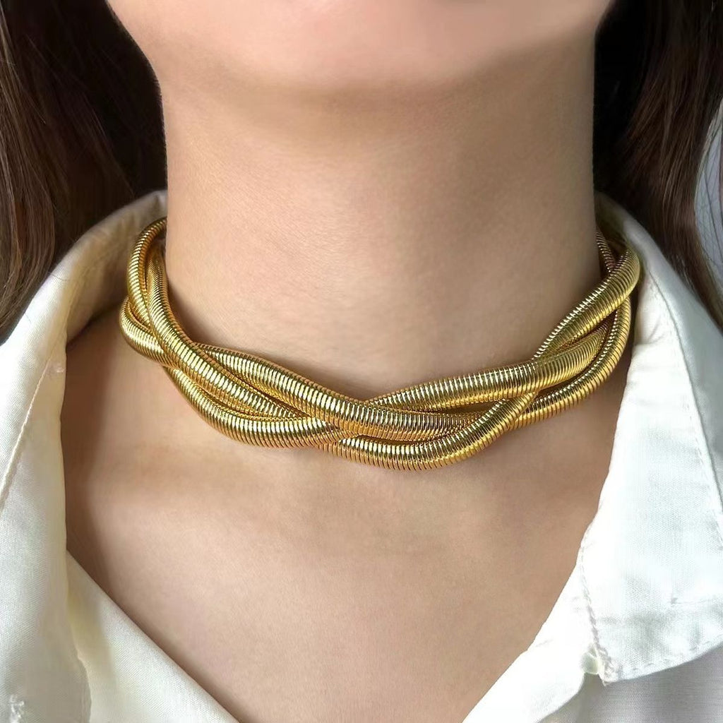 Cobra Snake Anti Tarnish 18K Gold Stainless Steel Braided Twisted Necklace for Women