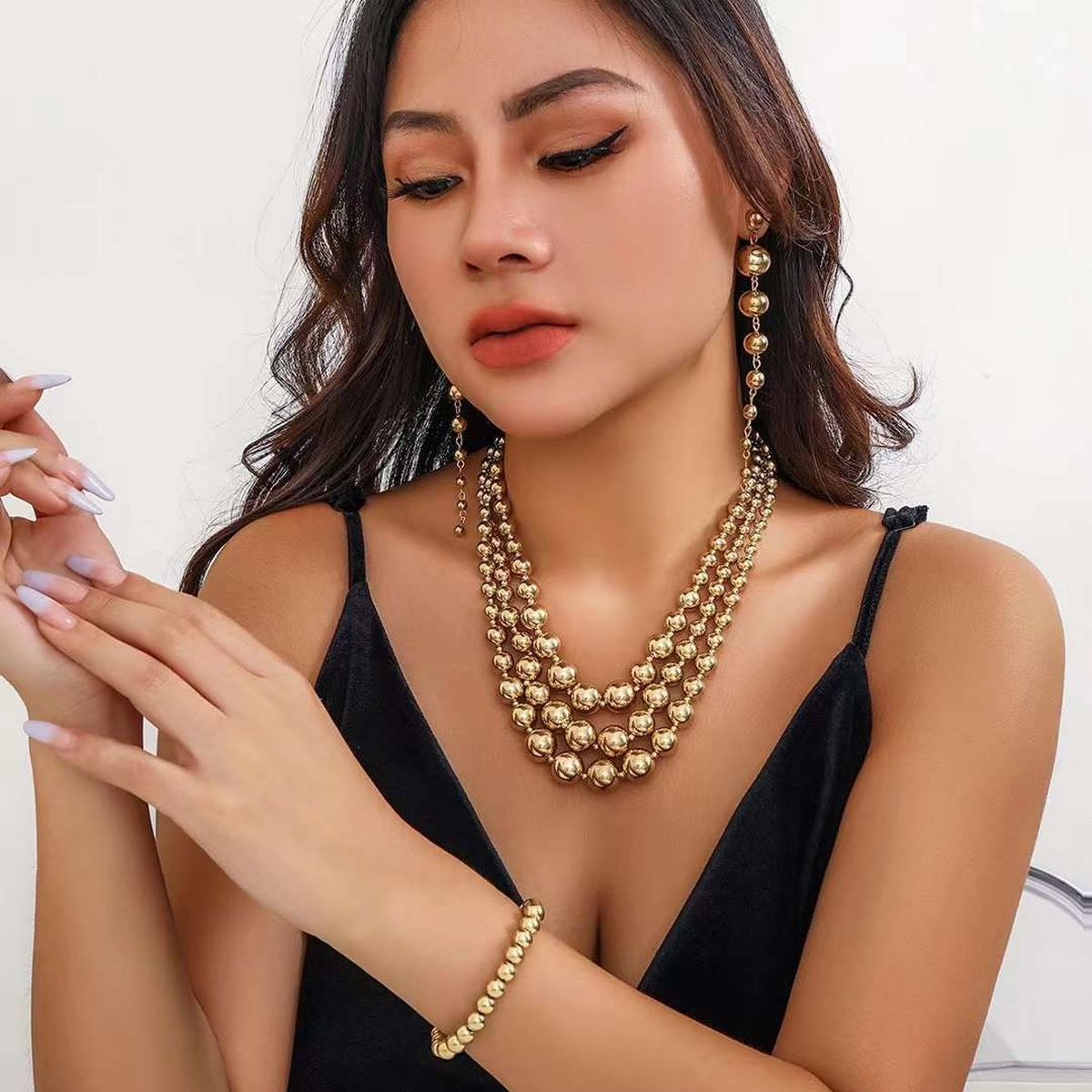 Eternity Glossy Balls Beads 18K Gold Anti Tarnish Triple Layer Necklace Earring Bracelet Set Main image