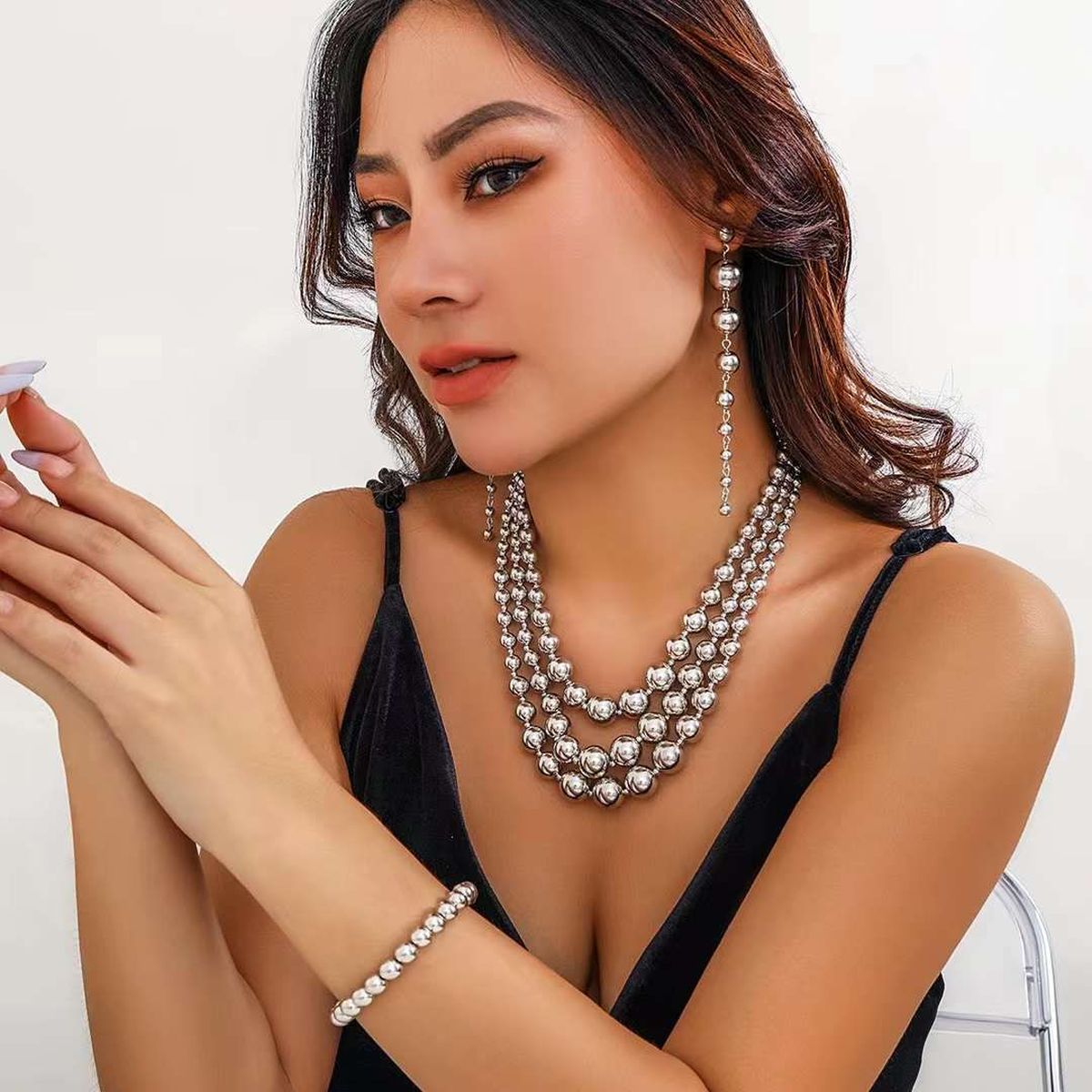 Eternity Glossy Balls Beads 18K Gold Anti Tarnish Triple Layer Necklace Earring Bracelet Set Secondary image