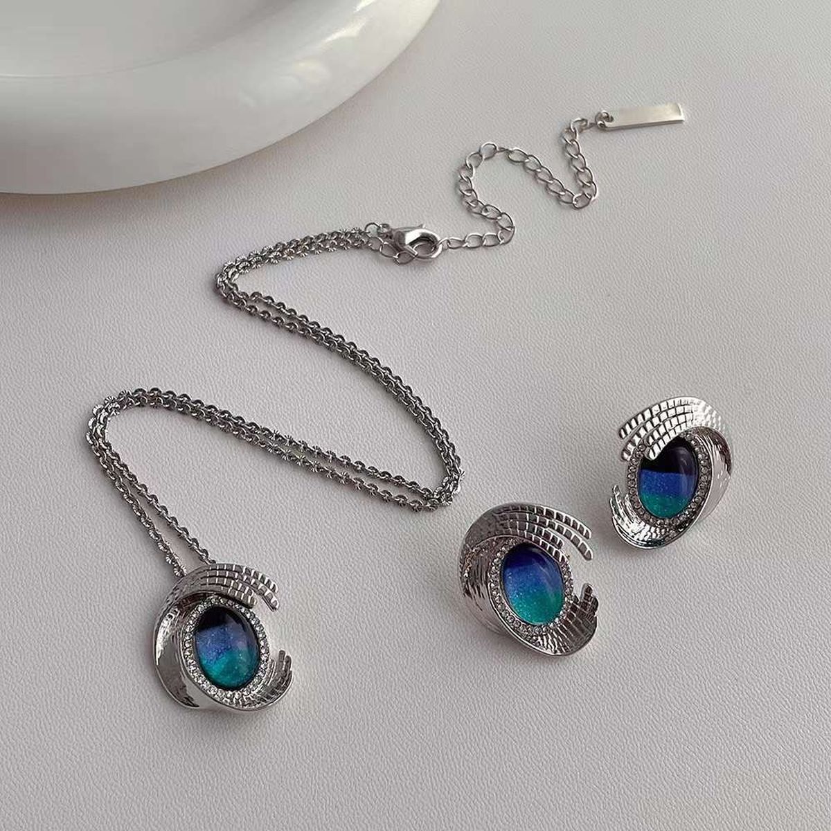Peacock Blue Green Cubic Zirconia Silver Pendant Earring Set Bulk Main image