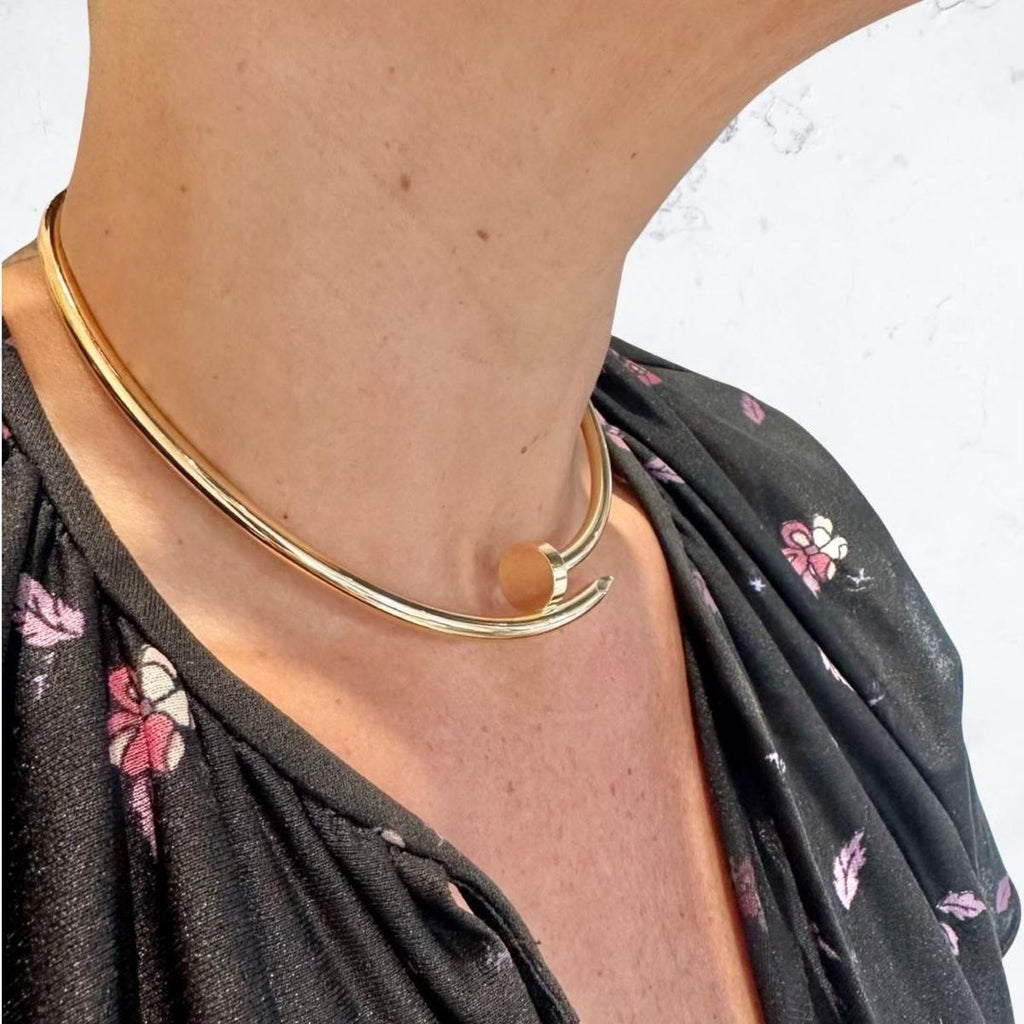 Glosssy Gold Celebrity Fame Stainless Steel Anti Tarnish Nail Openable Hasli Choker Necklace for Women